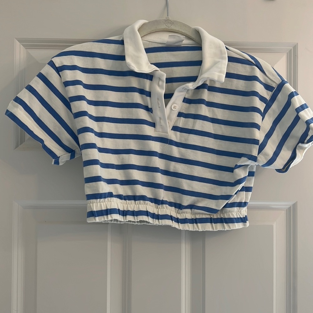 Zara cropped blue and white stripe polo
